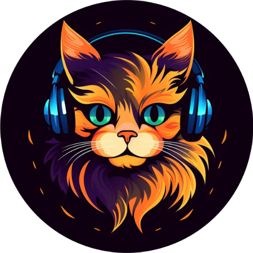 Logo of AudioCat which is orange tabby cat wearing dark blue headphones.